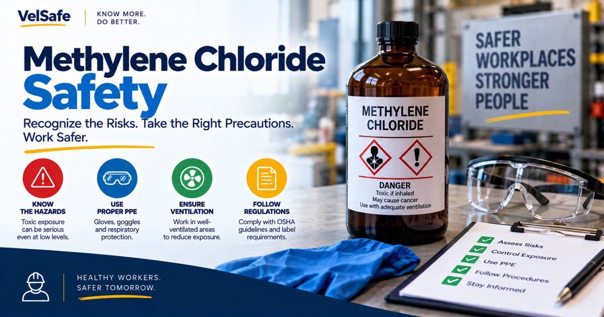 Methylene chloride safety infographic showing a labelled danger bottle with toxic if inhaled and may cause cancer warnings alongside four safety steps: know the hazards, use proper PPE including gloves goggles and respiratory protection, ensure ventilation, and follow OSHA regulations