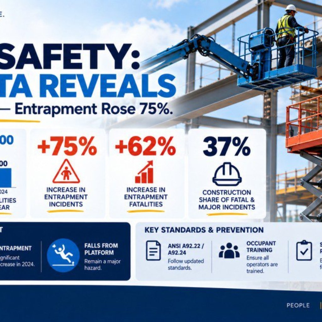 MEWP safety 2024 data infographic showing global fatalities fell 26 percent to 100 while entrapment incidents surged 75 percent and entrapment fatalities rose 62 percent, with construction accounting for 37 percent of fatal and major incidents