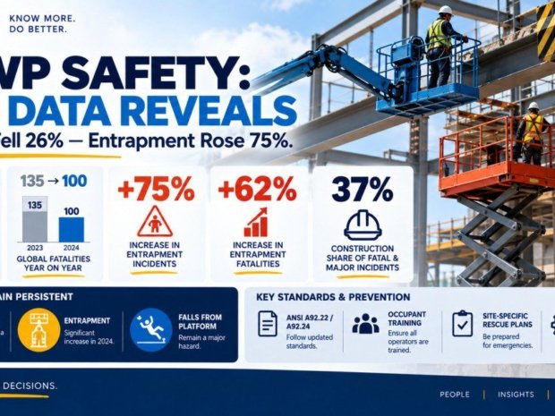MEWP safety 2024 data infographic showing global fatalities fell 26 percent to 100 while entrapment incidents surged 75 percent and entrapment fatalities rose 62 percent, with construction accounting for 37 percent of fatal and major incidents