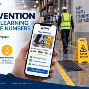 STF prevention microlearning infographic showing a warehouse worker near a wet floor caution sign alongside a mobile phone displaying a 90-second slips trips and falls safety lesson with before and after data showing average monthly incidents dropping from 16.7 to 4 after microlearning implementation