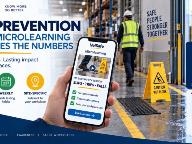 STF prevention microlearning infographic showing a warehouse worker near a wet floor caution sign alongside a mobile phone displaying a 90-second slips trips and falls safety lesson with before and after data showing average monthly incidents dropping from 16.7 to 4 after microlearning implementation