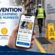 STF prevention microlearning infographic showing a warehouse worker near a wet floor caution sign alongside a mobile phone displaying a 90-second slips trips and falls safety lesson with before and after data showing average monthly incidents dropping from 16.7 to 4 after microlearning implementation