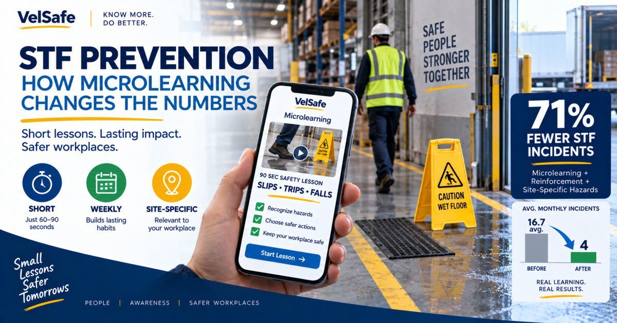 STF prevention microlearning infographic showing a warehouse worker near a wet floor caution sign alongside a mobile phone displaying a 90-second slips trips and falls safety lesson with before and after data showing average monthly incidents dropping from 16.7 to 4 after microlearning implementation