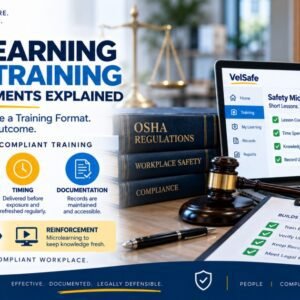 Microlearning safety training legal requirements infographic showing the four legal tests for compliant training: content covering workplace hazards, comprehension so workers understand, timing delivered before exposure, and documentation records maintained, alongside OSHA penalty amounts of $16,131 for serious violations and $161,323 for willful or repeat violations