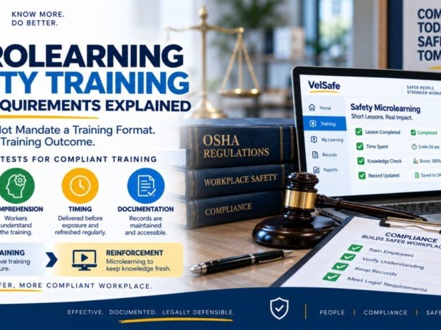 Microlearning safety training legal requirements infographic showing the four legal tests for compliant training: content covering workplace hazards, comprehension so workers understand, timing delivered before exposure, and documentation records maintained, alongside OSHA penalty amounts of $16,131 for serious violations and $161,323 for willful or repeat violations