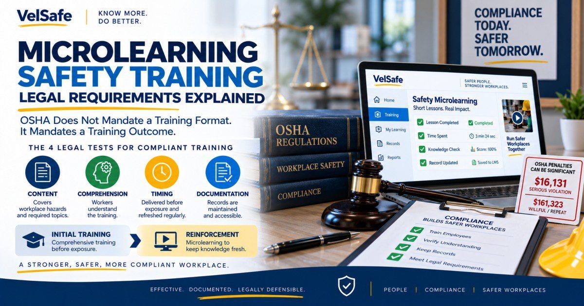 Microlearning safety training legal requirements infographic showing the four legal tests for compliant training: content covering workplace hazards, comprehension so workers understand, timing delivered before exposure, and documentation records maintained, alongside OSHA penalty amounts of $16,131 for serious violations and $161,323 for willful or repeat violations