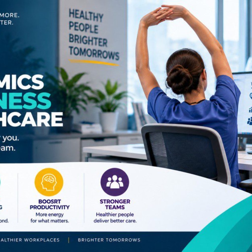 Office ergonomics awareness in healthcare worker safety guide showing a nurse in scrubs stretching at her desk beside a monitor displaying better posture, less discomfort, more focus, and better patient care, illustrating the benefits of ergonomics awareness for healthcare desk workers