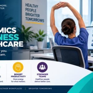 Office ergonomics awareness in healthcare worker safety guide showing a nurse in scrubs stretching at her desk beside a monitor displaying better posture, less discomfort, more focus, and better patient care, illustrating the benefits of ergonomics awareness for healthcare desk workers