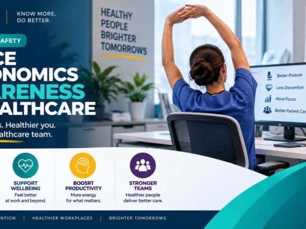 Office ergonomics awareness in healthcare worker safety guide showing a nurse in scrubs stretching at her desk beside a monitor displaying better posture, less discomfort, more focus, and better patient care, illustrating the benefits of ergonomics awareness for healthcare desk workers