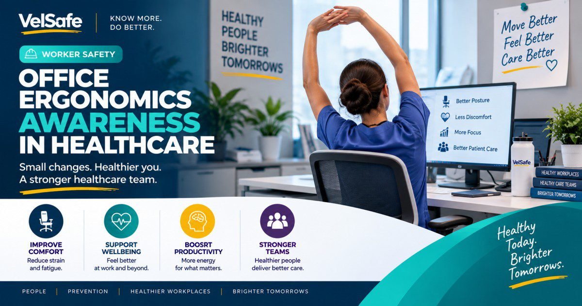 Office ergonomics awareness in healthcare worker safety guide showing a nurse in scrubs stretching at her desk beside a monitor displaying better posture, less discomfort, more focus, and better patient care, illustrating the benefits of ergonomics awareness for healthcare desk workers