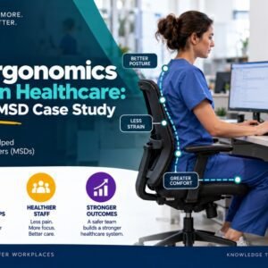 Office ergonomics essentials in healthcare case study showing a nurse in correct seated posture at a dual-monitor workstation with annotations for better posture, less strain, and greater comfort, illustrating how proper ergonomics reduces musculoskeletal disorders in healthcare workplaces