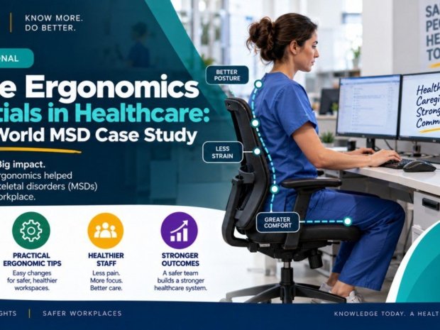 Office ergonomics essentials in healthcare case study showing a nurse in correct seated posture at a dual-monitor workstation with annotations for better posture, less strain, and greater comfort, illustrating how proper ergonomics reduces musculoskeletal disorders in healthcare workplaces