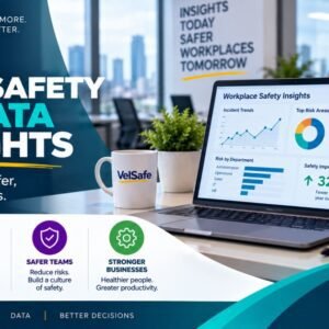 Office safety risk data and insights showing a workplace safety dashboard on a laptop with incident trends, top risk areas including ergonomics, slips and falls, electrical and fire safety, risk by department, and a 32% safety improvement metric, illustrating how EHS leaders can use data to reduce office safety risks