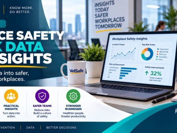 Office safety risk data and insights showing a workplace safety dashboard on a laptop with incident trends, top risk areas including ergonomics, slips and falls, electrical and fire safety, risk by department, and a 32% safety improvement metric, illustrating how EHS leaders can use data to reduce office safety risks