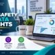 Office safety risk data and insights showing a workplace safety dashboard on a laptop with incident trends, top risk areas including ergonomics, slips and falls, electrical and fire safety, risk by department, and a 32% safety improvement metric, illustrating how EHS leaders can use data to reduce office safety risks