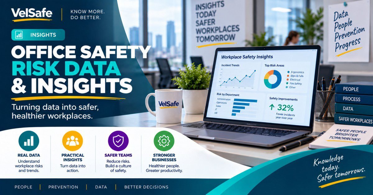 Office safety risk data and insights showing a workplace safety dashboard on a laptop with incident trends, top risk areas including ergonomics, slips and falls, electrical and fire safety, risk by department, and a 32% safety improvement metric, illustrating how EHS leaders can use data to reduce office safety risks