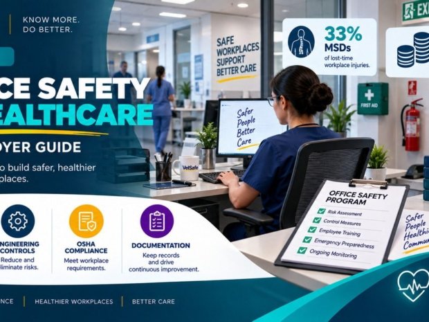 Office safety in healthcare US employer guide showing a healthcare administrative worker at a desk with an office safety programme checklist covering risk assessment, control measures, employee training, emergency preparedness, and ongoing monitoring, with first aid kit and fire extinguisher visible in a clinical office setting