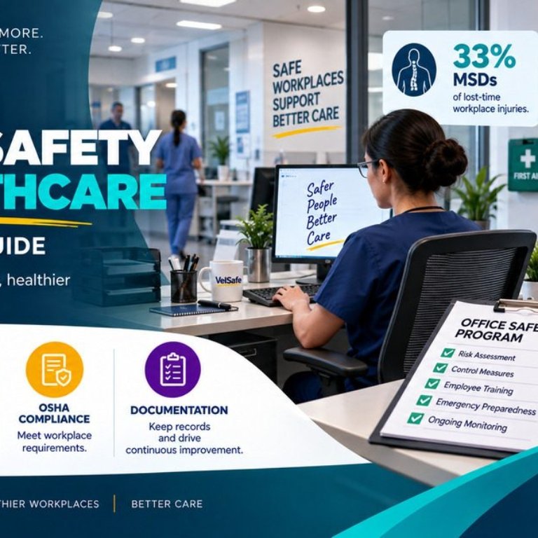 Office safety in healthcare US employer guide showing a healthcare administrative worker at a desk with an office safety programme checklist covering risk assessment, control measures, employee training, emergency preparedness, and ongoing monitoring, with first aid kit and fire extinguisher visible in a clinical office setting