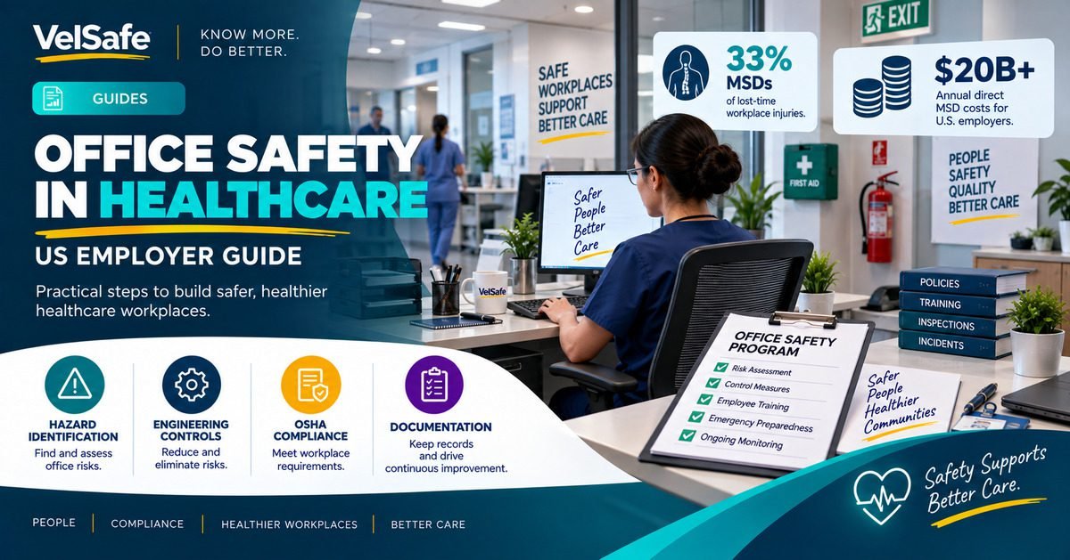 Office safety in healthcare US employer guide showing a healthcare administrative worker at a desk with an office safety programme checklist covering risk assessment, control measures, employee training, emergency preparedness, and ongoing monitoring, with first aid kit and fire extinguisher visible in a clinical office setting