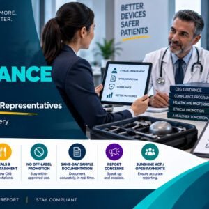 OIG compliance program guidance tips for medical device field representatives showing a female sales representative presenting on a tablet to a physician with OIG guidance books, an OIG compliance programme checklist covering policies and procedures, training and monitoring, document and disclose, and identify and report risks, and medical device equipment on a desk