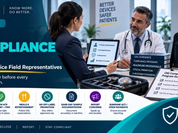 OIG compliance program guidance tips for medical device field representatives showing a female sales representative presenting on a tablet to a physician with OIG guidance books, an OIG compliance programme checklist covering policies and procedures, training and monitoring, document and disclose, and identify and report risks, and medical device equipment on a desk