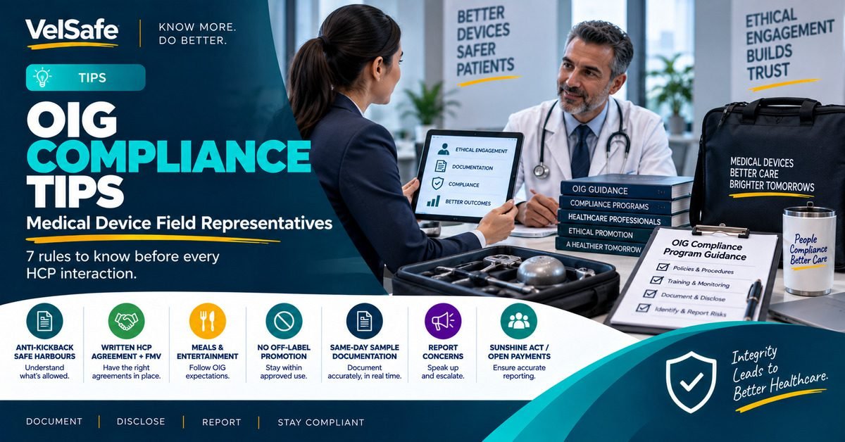 OIG compliance program guidance tips for medical device field representatives showing a female sales representative presenting on a tablet to a physician with OIG guidance books, an OIG compliance programme checklist covering policies and procedures, training and monitoring, document and disclose, and identify and report risks, and medical device equipment on a desk