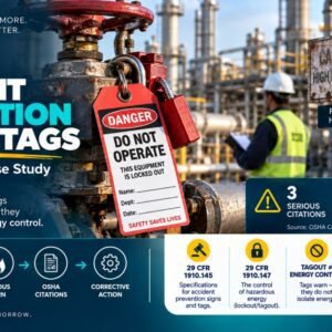 Accident prevention signs and tags in oil and gas OSHA case study showing a red DANGER DO NOT OPERATE lockout tag on a valve with a faded CAUTION HIGH PRESSURE sign and a clear CAUTION HIGH PRESSURE sign beside it, an oil and gas worker in the background, and an incident sequence from isolation failure through misunderstood tag to serious burn to OSHA citations and corrective action