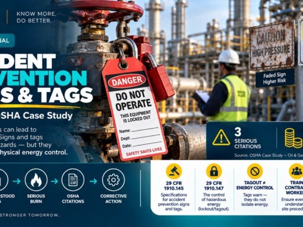 Accident prevention signs and tags in oil and gas OSHA case study showing a red DANGER DO NOT OPERATE lockout tag on a valve with a faded CAUTION HIGH PRESSURE sign and a clear CAUTION HIGH PRESSURE sign beside it, an oil and gas worker in the background, and an incident sequence from isolation failure through misunderstood tag to serious burn to OSHA citations and corrective action