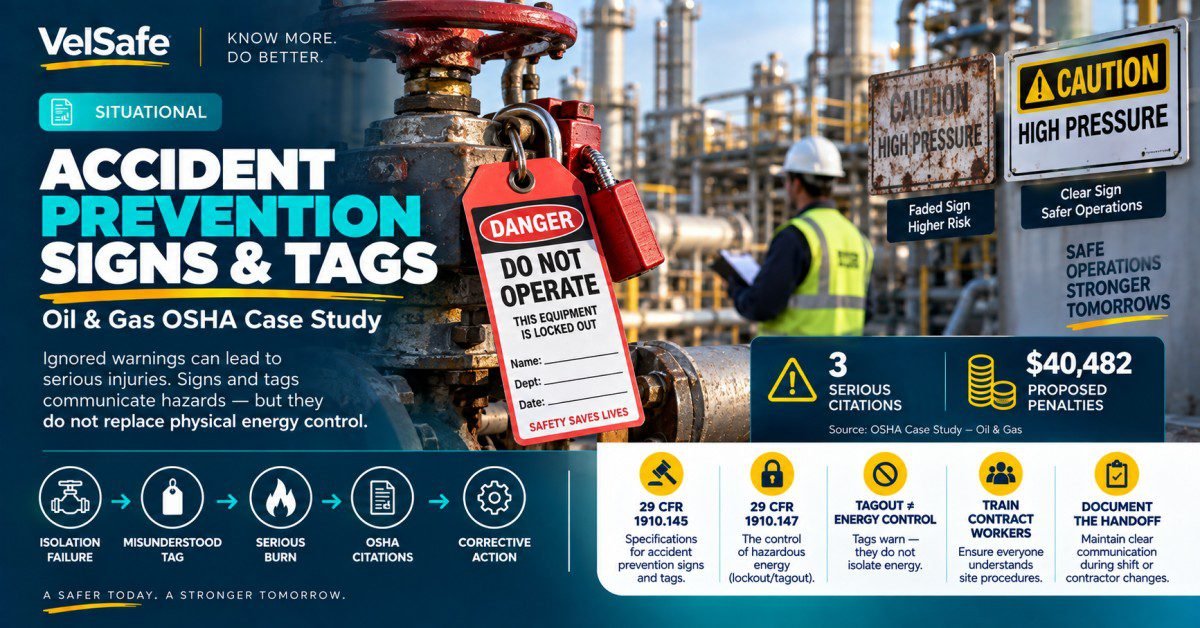 Accident prevention signs and tags in oil and gas OSHA case study showing a red DANGER DO NOT OPERATE lockout tag on a valve with a faded CAUTION HIGH PRESSURE sign and a clear CAUTION HIGH PRESSURE sign beside it, an oil and gas worker in the background, and an incident sequence from isolation failure through misunderstood tag to serious burn to OSHA citations and corrective action