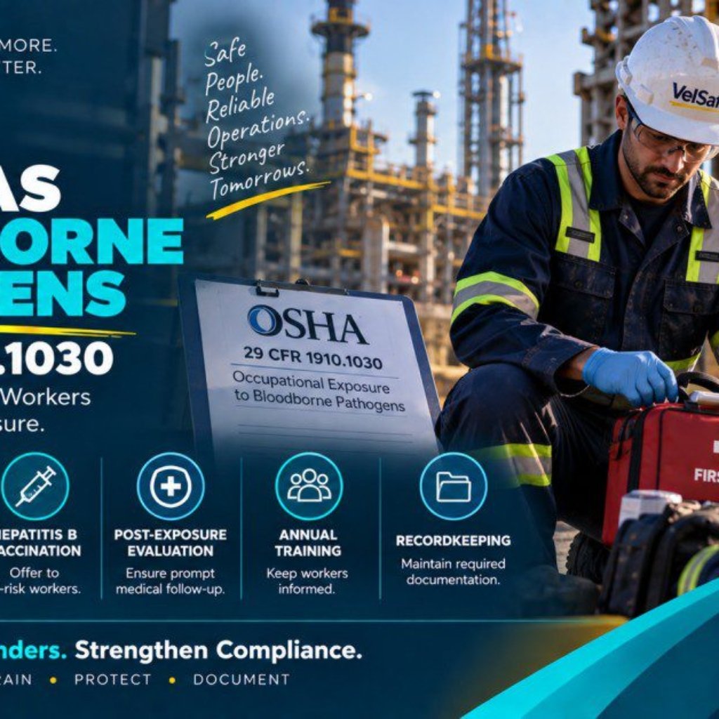 Oil and gas bloodborne pathogens 29 CFR 1910.1030 law article showing two oil and gas workers in hard hats and high-visibility vests at an industrial refinery site, with one worker kneeling beside a red first aid kit and holding an OSHA document on occupational exposure to bloodborne pathogens, with infographic panels below covering exposure control plan, PPE, hepatitis B vaccination, post-exposure evaluation, annual training, and recordkeeping requirements