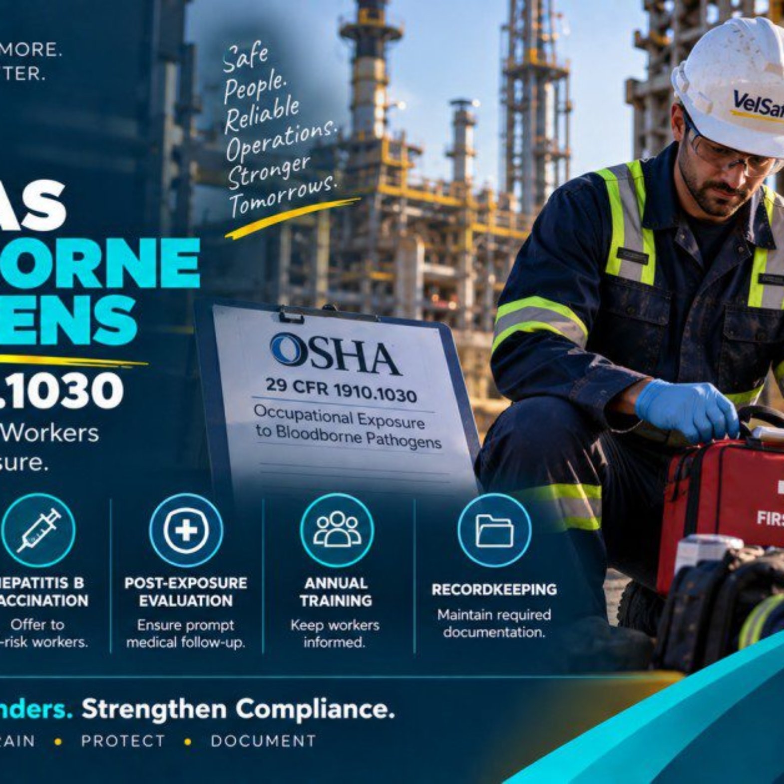 Oil and gas bloodborne pathogens 29 CFR 1910.1030 law article showing two oil and gas workers in hard hats and high-visibility vests at an industrial refinery site, with one worker kneeling beside a red first aid kit and holding an OSHA document on occupational exposure to bloodborne pathogens, with infographic panels below covering exposure control plan, PPE, hepatitis B vaccination, post-exposure evaluation, annual training, and recordkeeping requirements