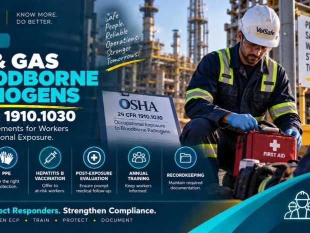 Oil and gas bloodborne pathogens 29 CFR 1910.1030 law article showing two oil and gas workers in hard hats and high-visibility vests at an industrial refinery site, with one worker kneeling beside a red first aid kit and holding an OSHA document on occupational exposure to bloodborne pathogens, with infographic panels below covering exposure control plan, PPE, hepatitis B vaccination, post-exposure evaluation, annual training, and recordkeeping requirements