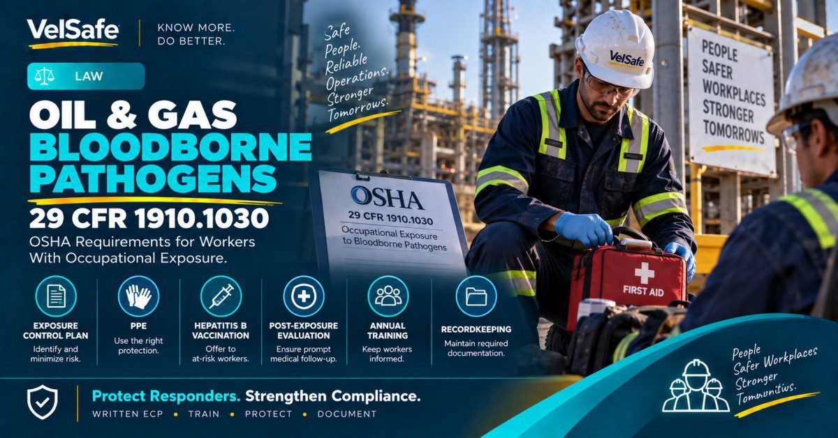 Oil and gas bloodborne pathogens 29 CFR 1910.1030 law article showing two oil and gas workers in hard hats and high-visibility vests at an industrial refinery site, with one worker kneeling beside a red first aid kit and holding an OSHA document on occupational exposure to bloodborne pathogens, with infographic panels below covering exposure control plan, PPE, hepatitis B vaccination, post-exposure evaluation, annual training, and recordkeeping requirements