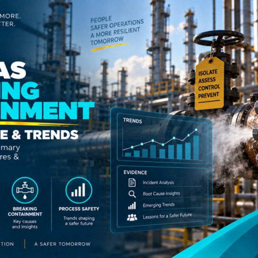 Oil and gas breaking containment LOPC evidence and trends insights article showing industrial refinery pipelines with steam venting from a flange, a yellow safety tag reading Isolate Assess Control Prevent attached to a valve, a process safety starts with containment warning sign, and digital overlay panels displaying LOPC events trends chart, barrier performance, breaking containment key causes, and evidence panels covering incident analysis, root cause insights, emerging trends, and lessons for a safer future