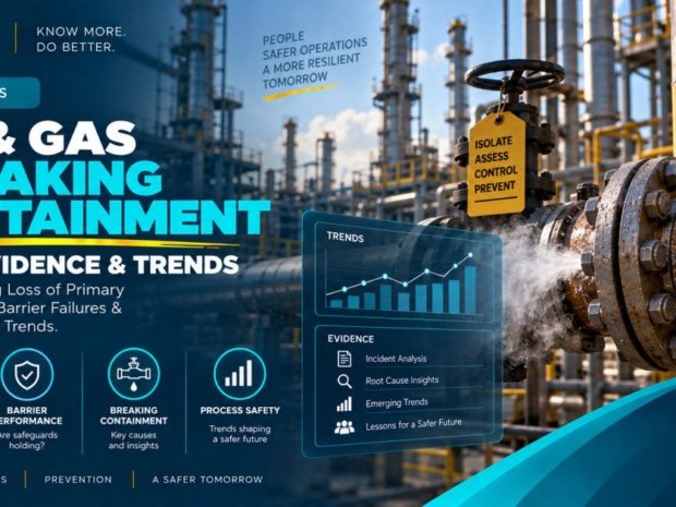 Oil and gas breaking containment LOPC evidence and trends insights article showing industrial refinery pipelines with steam venting from a flange, a yellow safety tag reading Isolate Assess Control Prevent attached to a valve, a process safety starts with containment warning sign, and digital overlay panels displaying LOPC events trends chart, barrier performance, breaking containment key causes, and evidence panels covering incident analysis, root cause insights, emerging trends, and lessons for a safer future