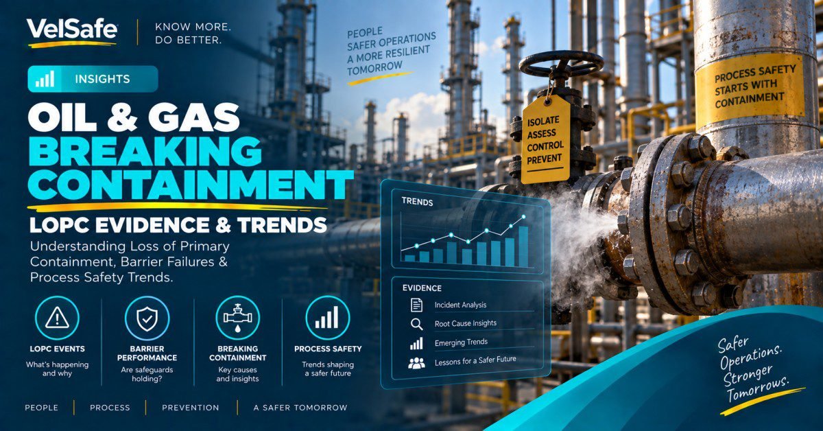 Oil and gas breaking containment LOPC evidence and trends insights article showing industrial refinery pipelines with steam venting from a flange, a yellow safety tag reading Isolate Assess Control Prevent attached to a valve, a process safety starts with containment warning sign, and digital overlay panels displaying LOPC events trends chart, barrier performance, breaking containment key causes, and evidence panels covering incident analysis, root cause insights, emerging trends, and lessons for a safer future