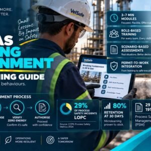 Oil and gas worker in hard hat reviewing breaking containment microlearning module on tablet beside process piping showing LOPC prevention steps and PSM training programme
