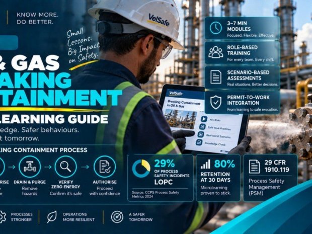 Oil and gas worker in hard hat reviewing breaking containment microlearning module on tablet beside process piping showing LOPC prevention steps and PSM training programme