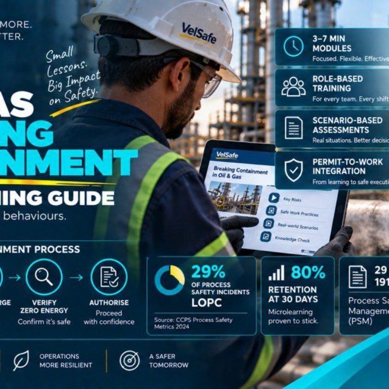 Oil and gas worker in hard hat reviewing breaking containment microlearning module on tablet beside process piping showing LOPC prevention steps and PSM training programme
