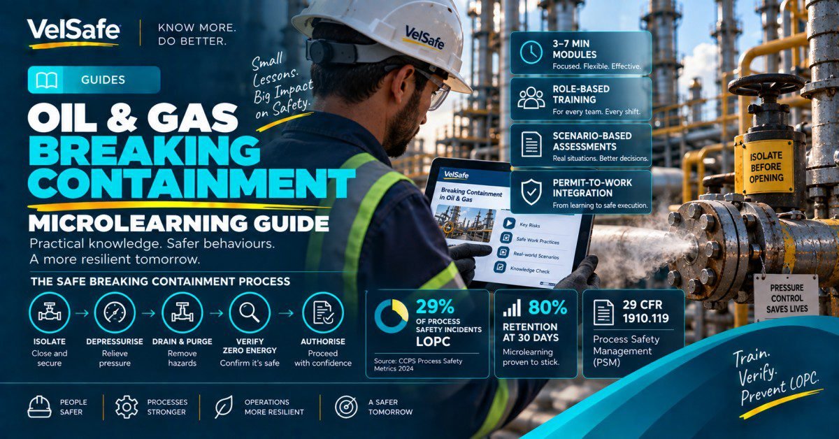 Oil and gas worker in hard hat reviewing breaking containment microlearning module on tablet beside process piping showing LOPC prevention steps and PSM training programme