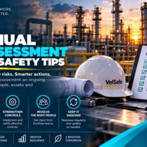 VelSafe hard hat and risk assessment checklist clipboard at oil and gas refinery illustrating continual risk assessment tips for changing conditions, hazard controls, and ongoing reassessment