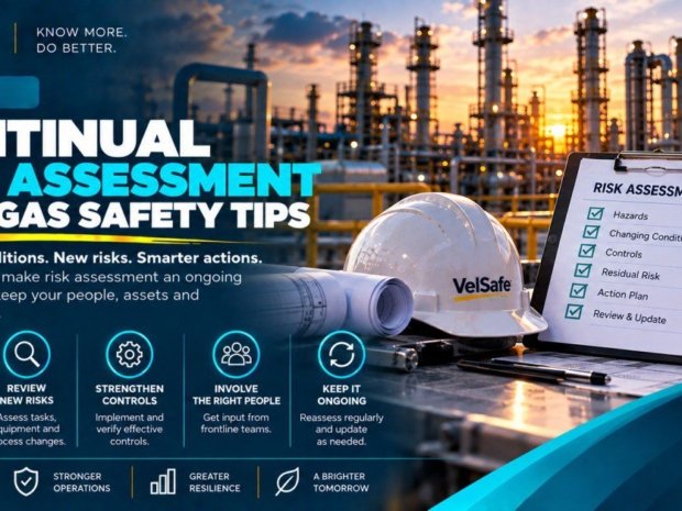 VelSafe hard hat and risk assessment checklist clipboard at oil and gas refinery illustrating continual risk assessment tips for changing conditions, hazard controls, and ongoing reassessment