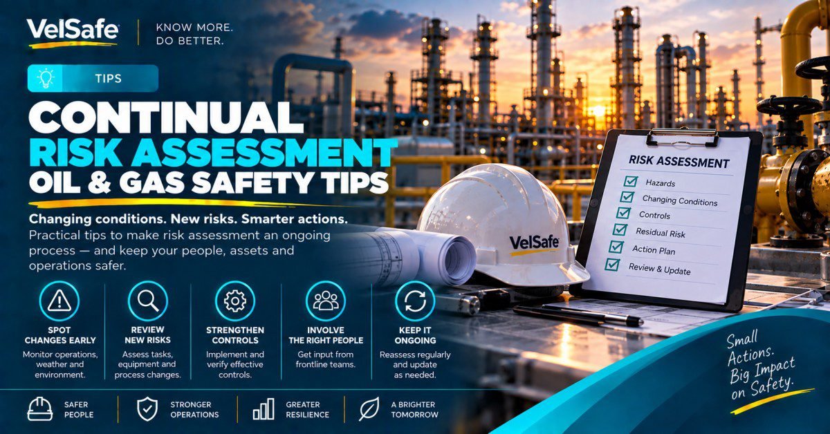 VelSafe hard hat and risk assessment checklist clipboard at oil and gas refinery illustrating continual risk assessment tips for changing conditions, hazard controls, and ongoing reassessment