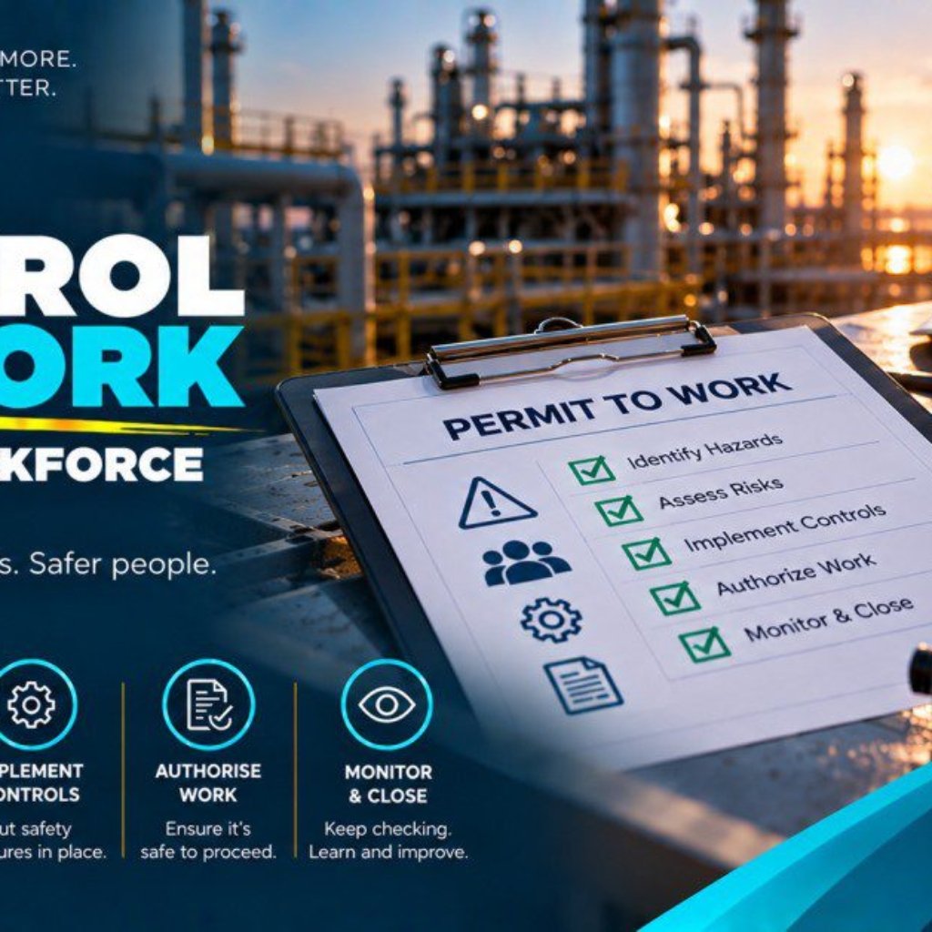 Permit to work checklist clipboard beside VelSafe hard hat and safety glasses at oil and gas refinery showing the five control of work steps: identify hazards, assess risks, implement controls, authorise work, monitor and close