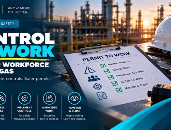 Permit to work checklist clipboard beside VelSafe hard hat and safety glasses at oil and gas refinery showing the five control of work steps: identify hazards, assess risks, implement controls, authorise work, monitor and close