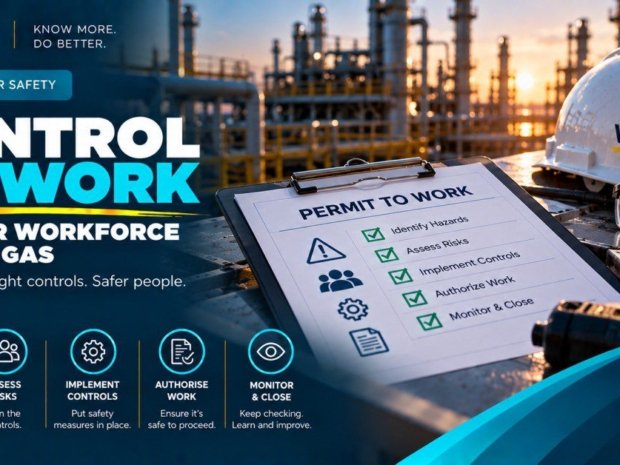 Permit to work checklist clipboard beside VelSafe hard hat and safety glasses at oil and gas refinery showing the five control of work steps: identify hazards, assess risks, implement controls, authorise work, monitor and close