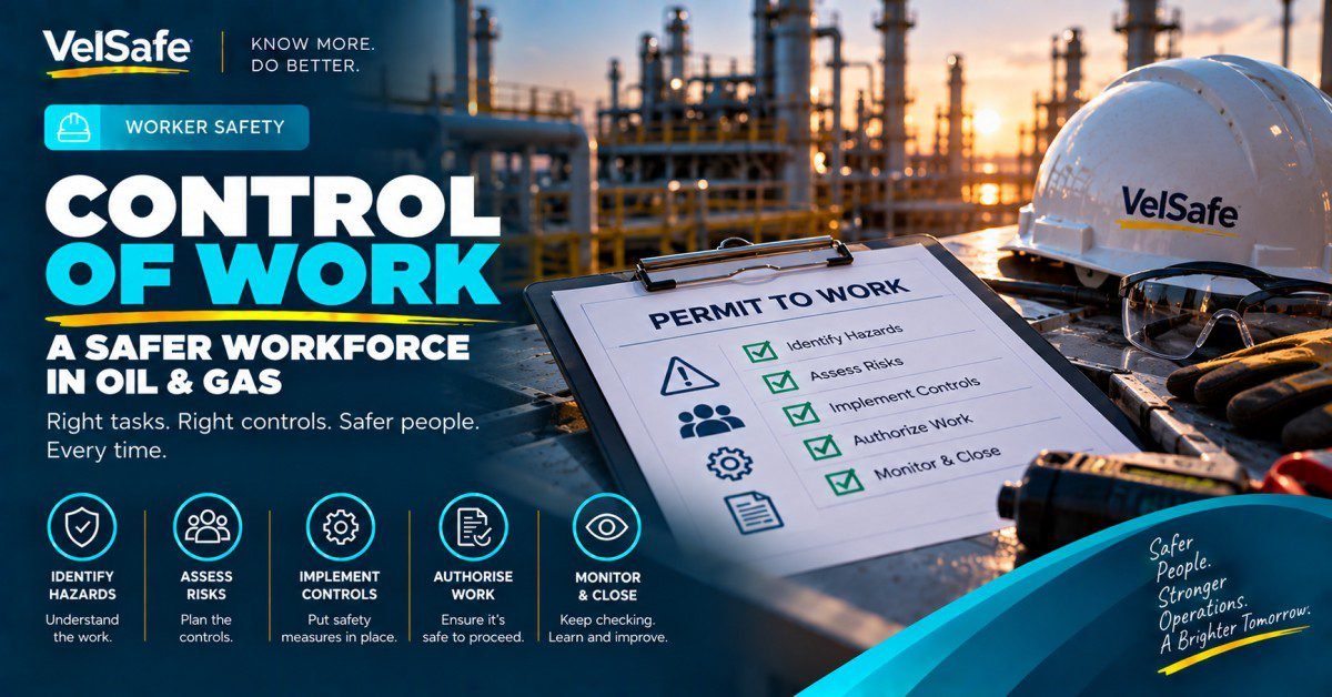 Permit to work checklist clipboard beside VelSafe hard hat and safety glasses at oil and gas refinery showing the five control of work steps: identify hazards, assess risks, implement controls, authorise work, monitor and close