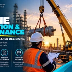 Safety officer holding inspection clipboard beneath yellow lattice boom crane lifting equipment at oil and gas refinery illustrating crane inspection and maintenance requirements under OSHA 29 CFR 1910.179