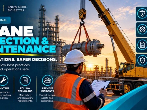 Safety officer holding inspection clipboard beneath yellow lattice boom crane lifting equipment at oil and gas refinery illustrating crane inspection and maintenance requirements under OSHA 29 CFR 1910.179