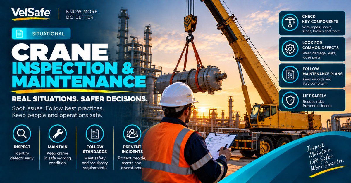 Safety officer holding inspection clipboard beneath yellow lattice boom crane lifting equipment at oil and gas refinery illustrating crane inspection and maintenance requirements under OSHA 29 CFR 1910.179